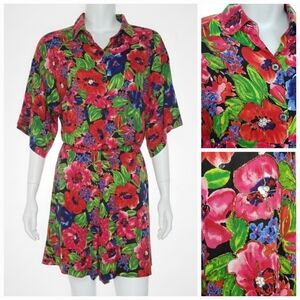 S.Roberts Size L/XL Floral Vintage Button-Up Romper Beaded Bold Shorts Pockets